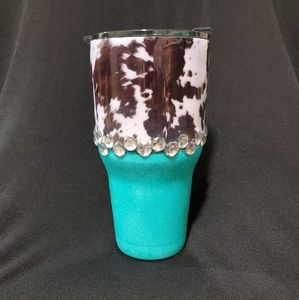 SOLD! 30oz glitter and cow hide tumbler